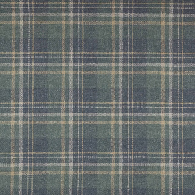 Close-up of navy and teal plaid fabric with pale intersecting lines and a linen weave