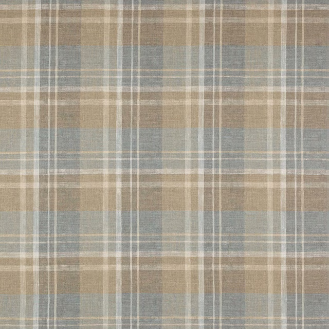 Muted old blue and beige plaid fabric with fine woven checks