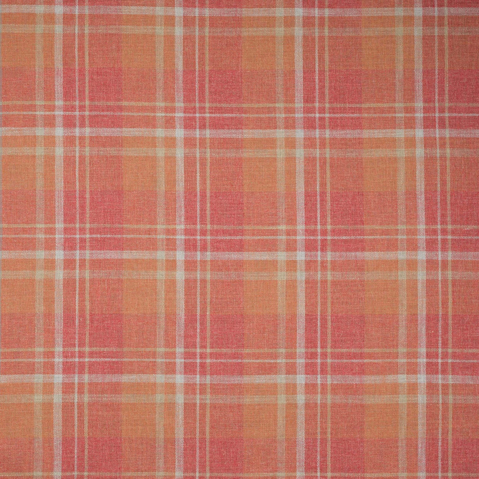 Coral red and peach plaid fabric with fine cream check lines