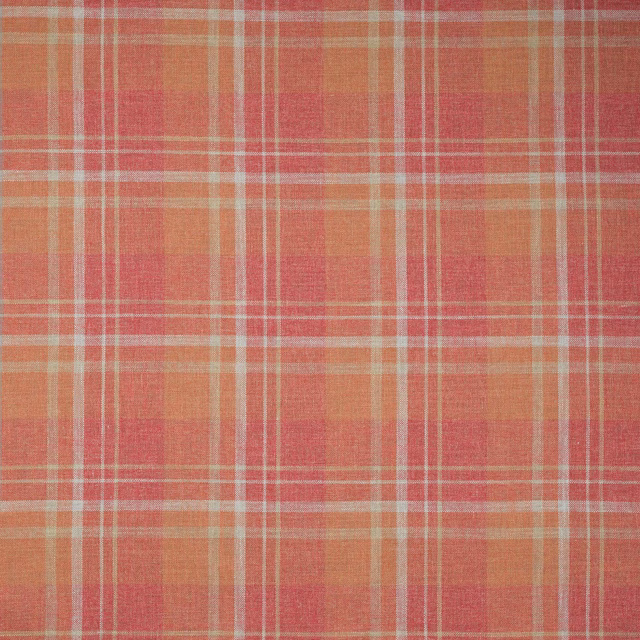 Coral red and peach plaid fabric with fine cream check lines