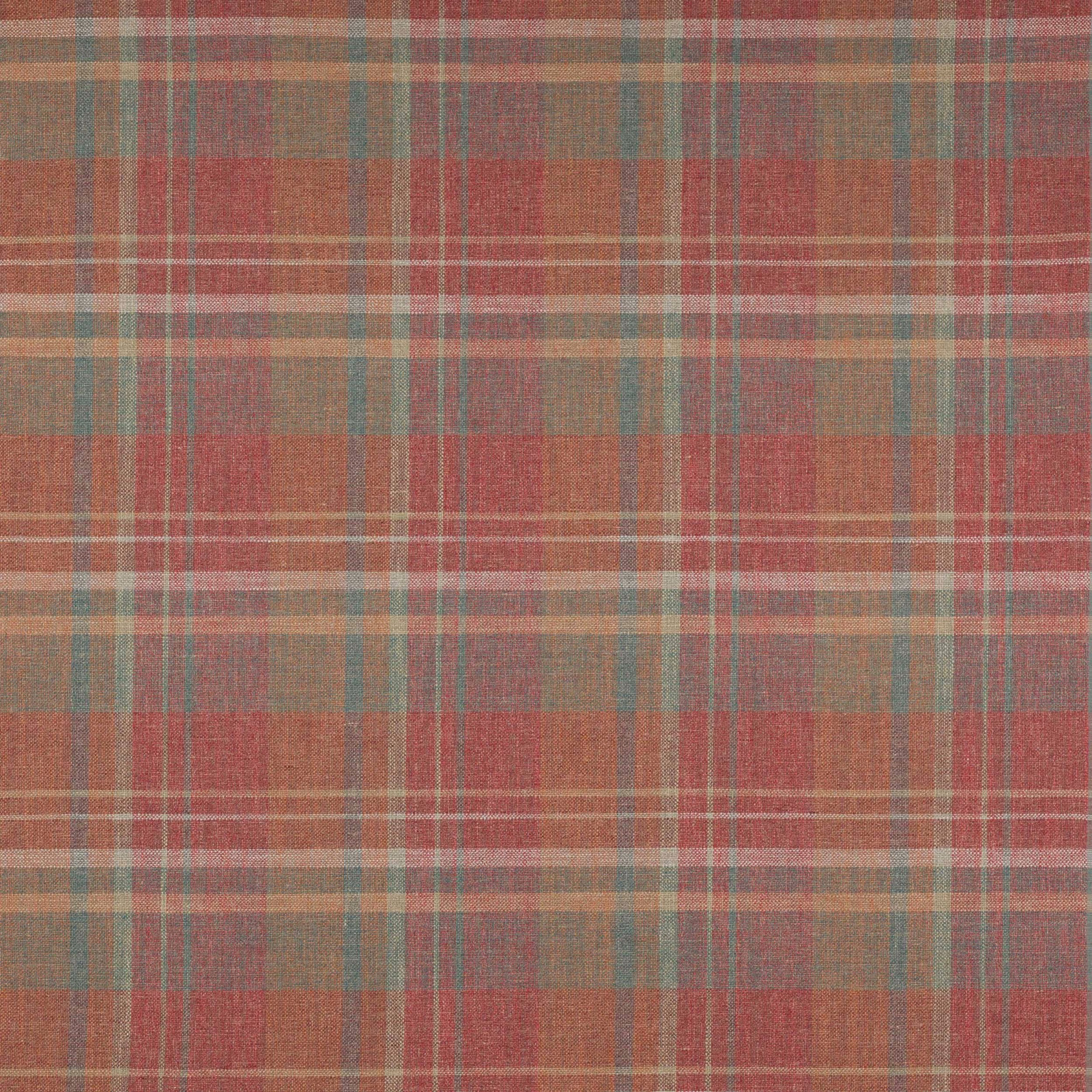 Muted red and forest green plaid fabric with fine pale striping and a woven texture