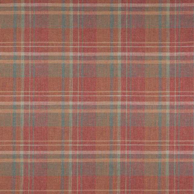 Muted red and forest green plaid fabric with fine pale striping and a woven texture