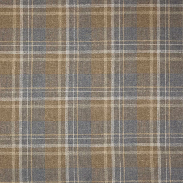 Slate-grey and umber plaid fabric with fine cream checks and linen texture