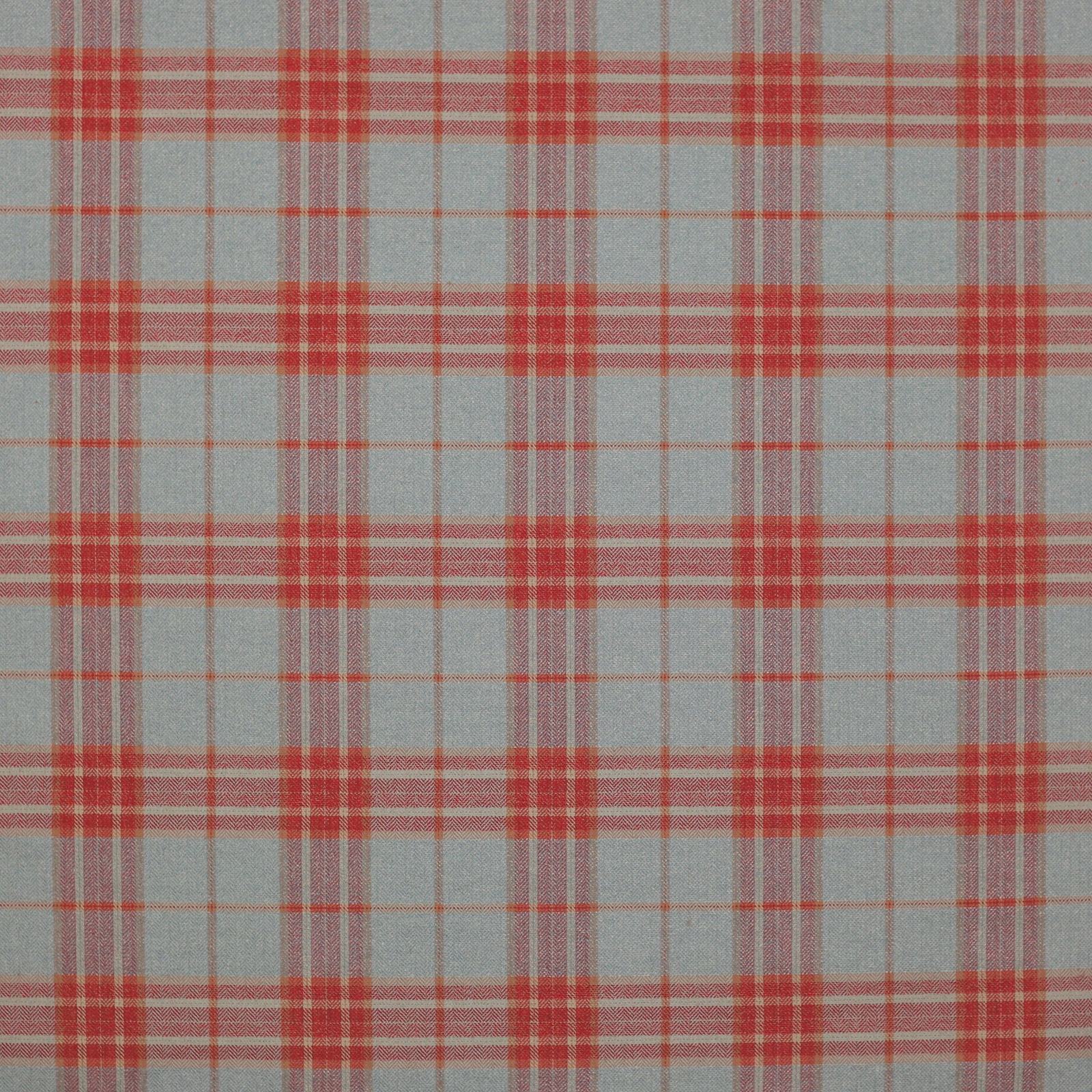 Pale aqua checked fabric with tomato-red stripes and fine woven texture
