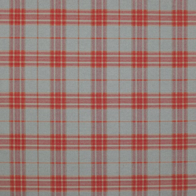 Pale aqua checked fabric with tomato-red stripes and fine woven texture