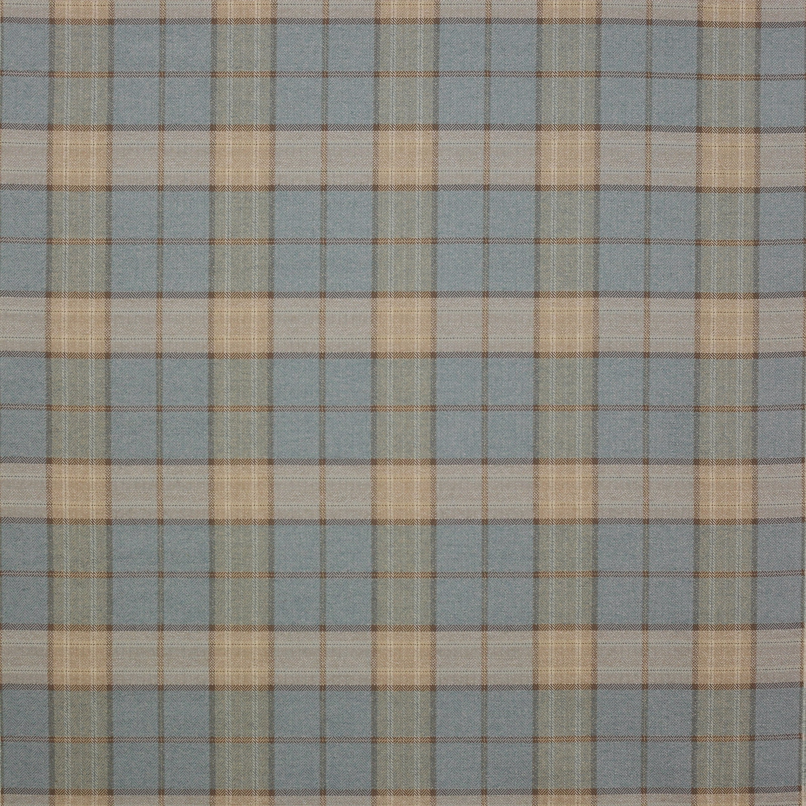 Muted blue and beige woven check fabric with a fine textured finish