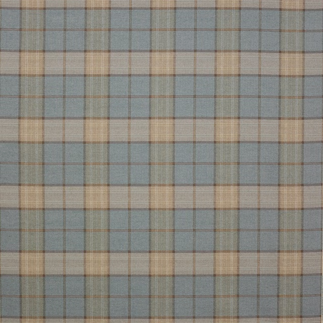 Muted blue and beige woven check fabric with a fine textured finish