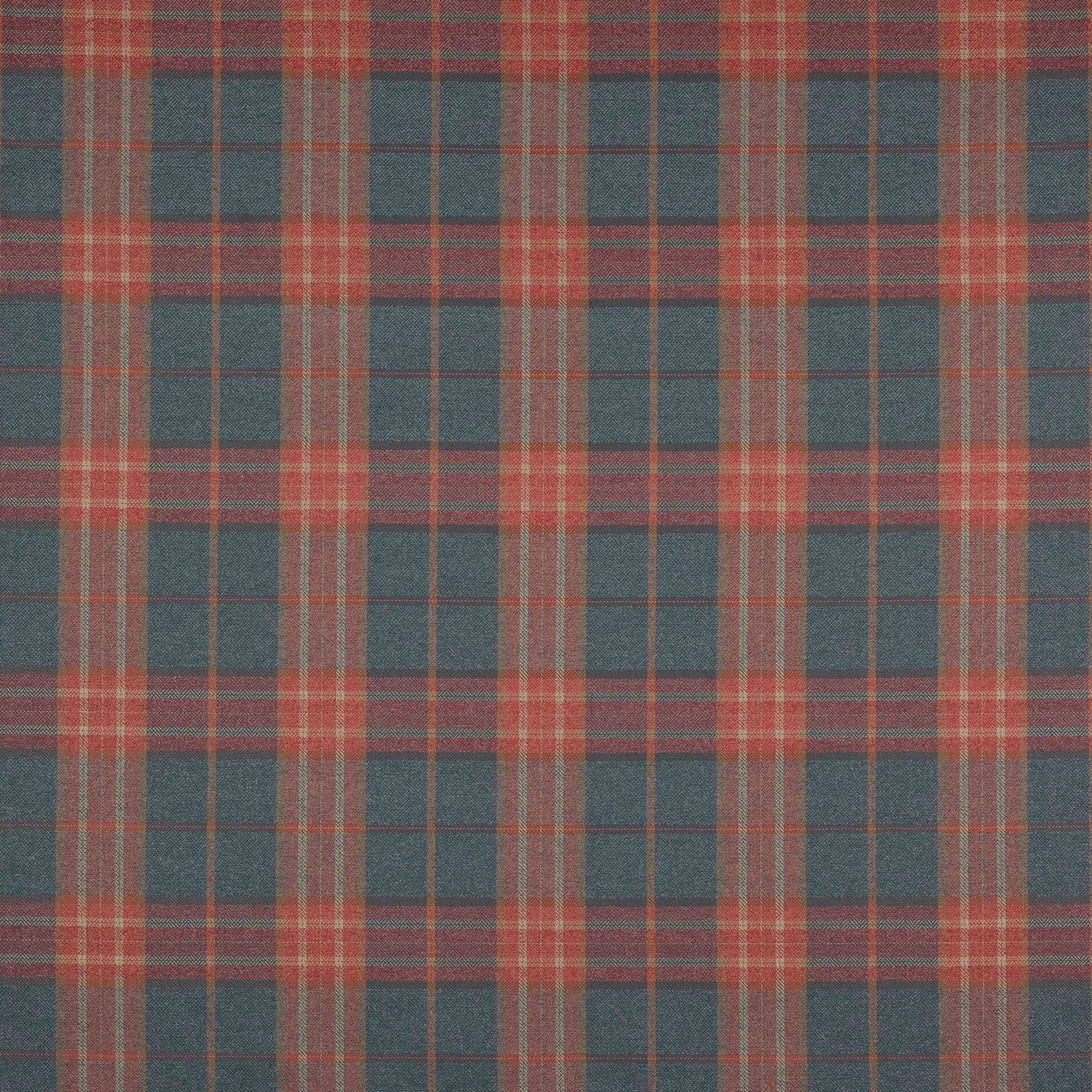 Teal and red woven check fabric with a softly textured tartan-style pattern