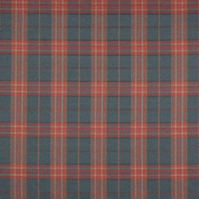 Teal and red woven check fabric with a softly textured tartan-style pattern