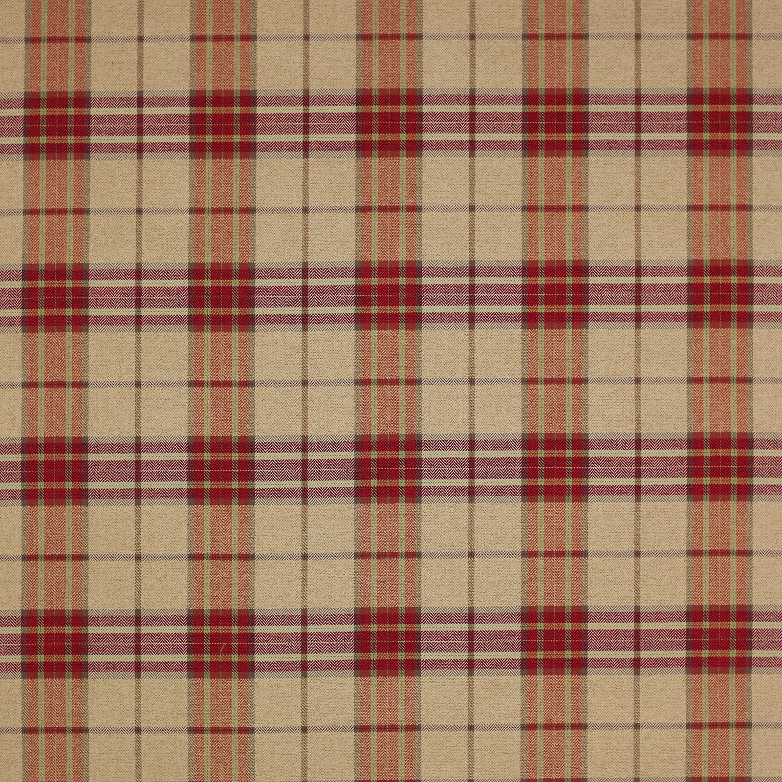 Beige woven check fabric with red bands and dark green crossing lines