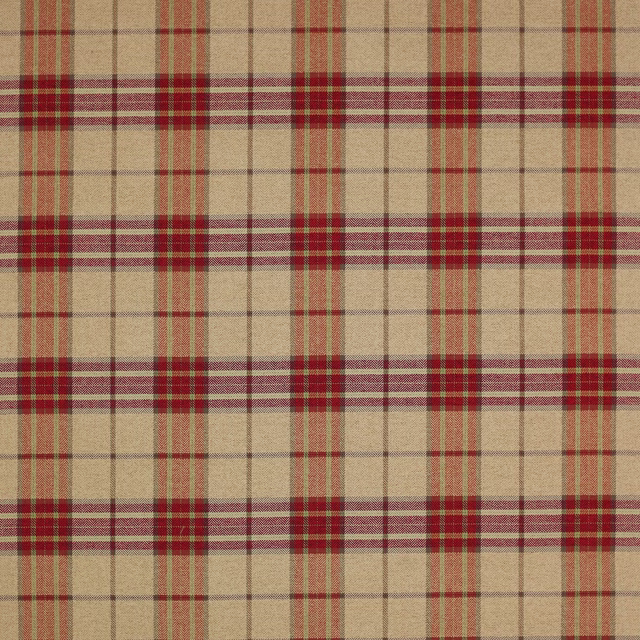 Beige woven check fabric with red bands and dark green crossing lines