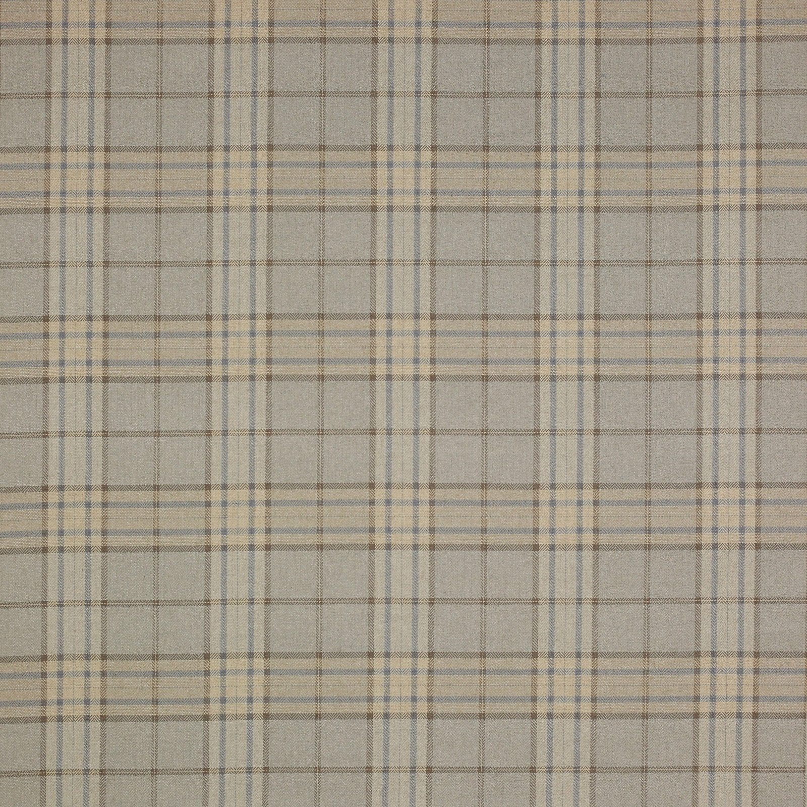 Soft silver-grey checked fabric with fine blue-grey and taupe lines
