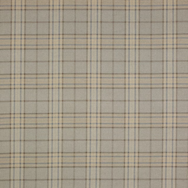 Soft silver-grey checked fabric with fine blue-grey and taupe lines
