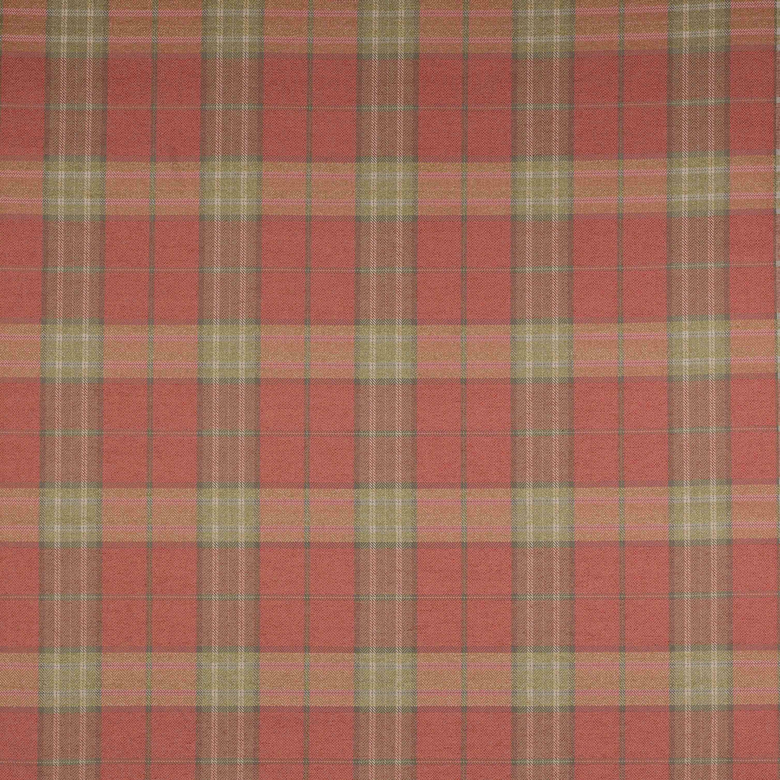 Terracotta and leaf-green woven check with muted tan grid on textured cloth