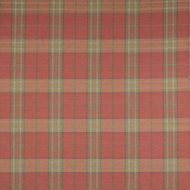 Terracotta and leaf-green woven check with muted tan grid on textured cloth