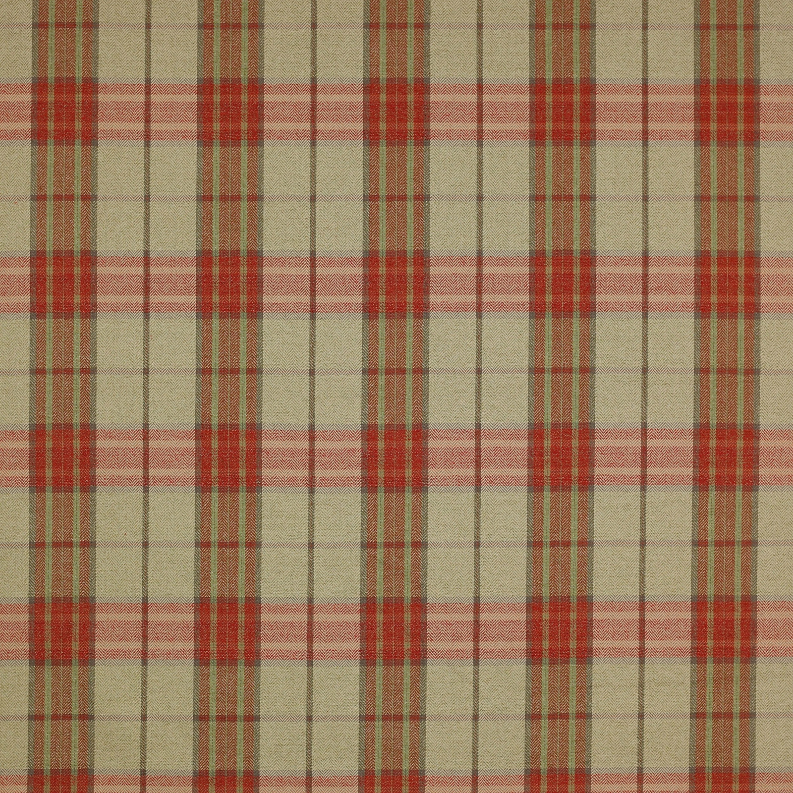 Tomato red and sage checked woven fabric swatch with a soft linen-like texture