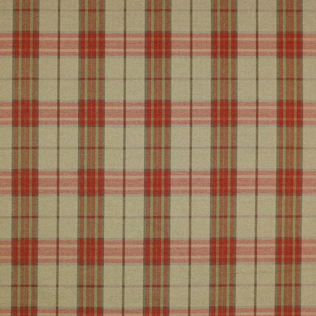Tomato red and sage checked woven fabric swatch with a soft linen-like texture