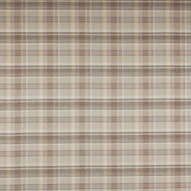 Soft beige plaid fabric with muted taupe and grey checks