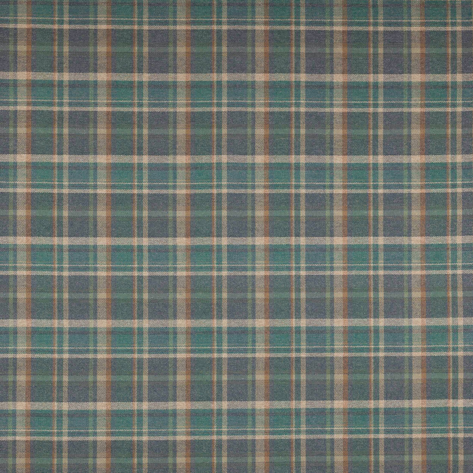 Muted blue-teal plaid fabric with grey and buff checks on a textured weave
