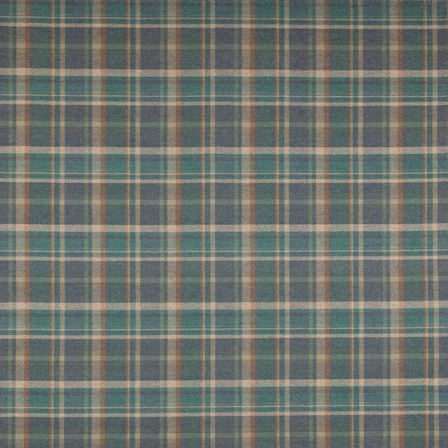 Muted blue-teal plaid fabric with grey and buff checks on a textured weave