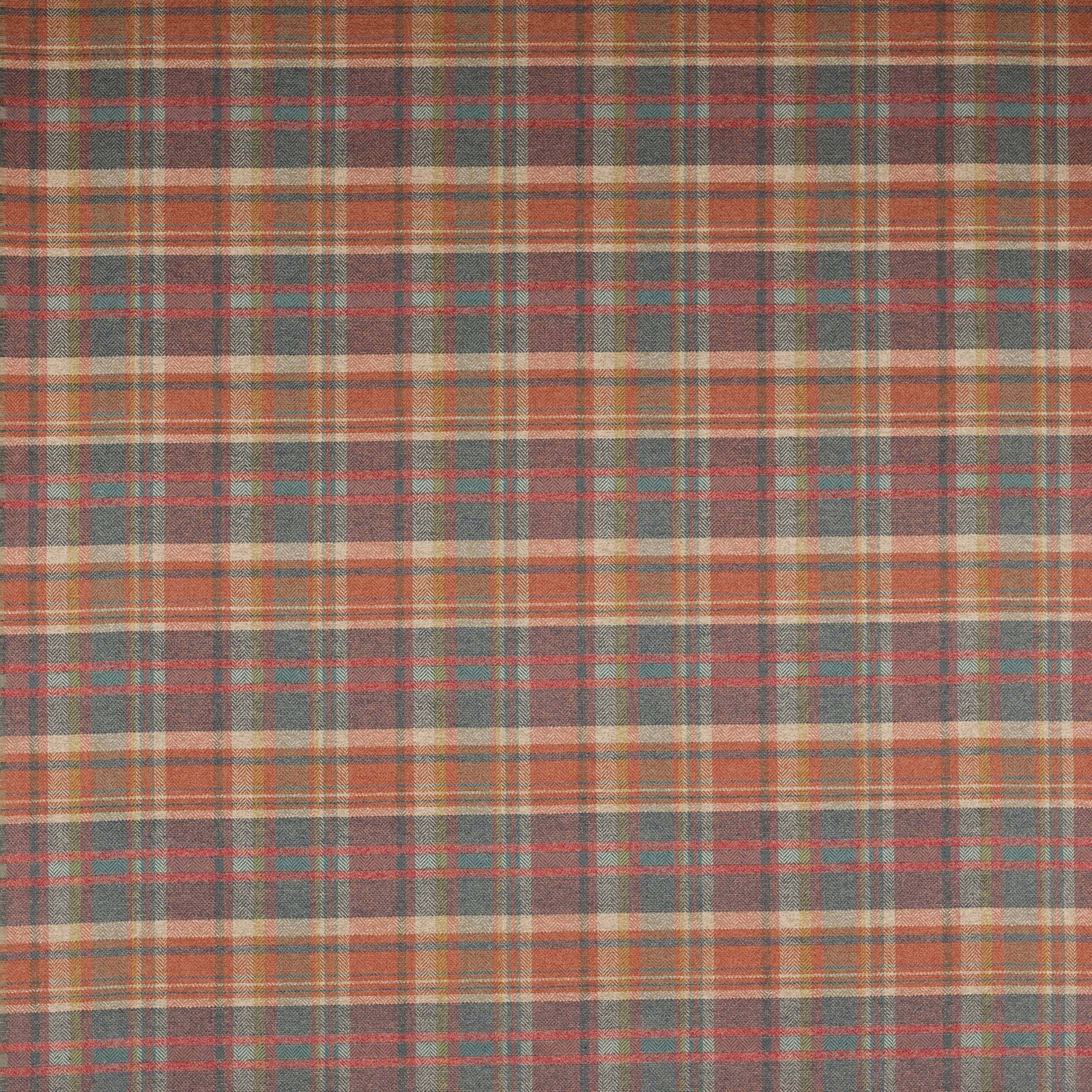 Muted navy plaid fabric with sienna, teal and cream checks