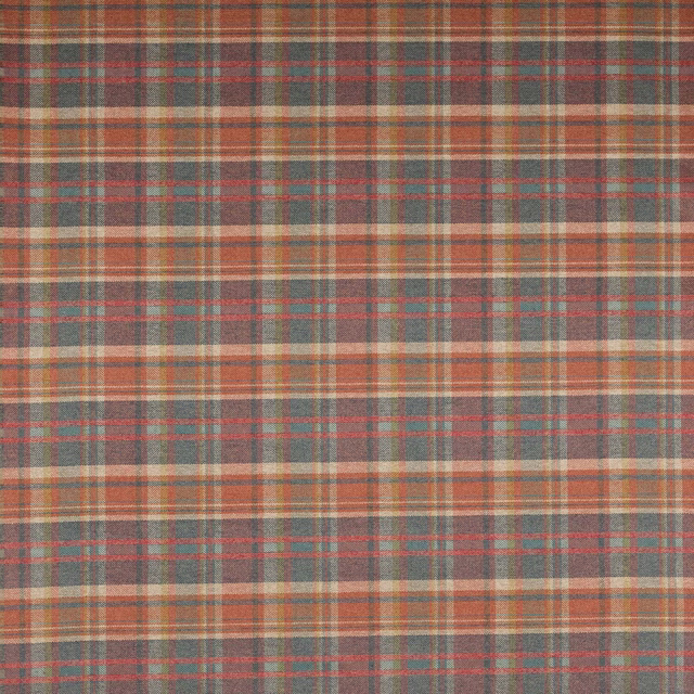 Muted navy plaid fabric with sienna, teal and cream checks