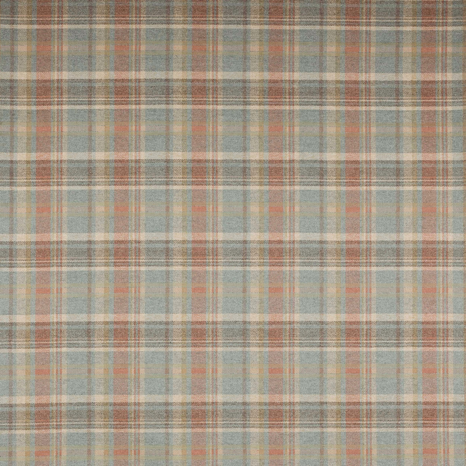 Soft old blue plaid fabric with muted coral and beige check lines