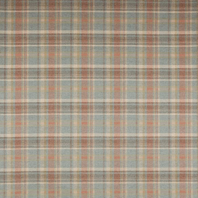 Soft old blue plaid fabric with muted coral and beige check lines