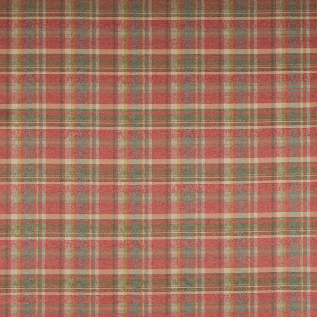 Muted red and green tartan plaid fabric with a softly woven texture