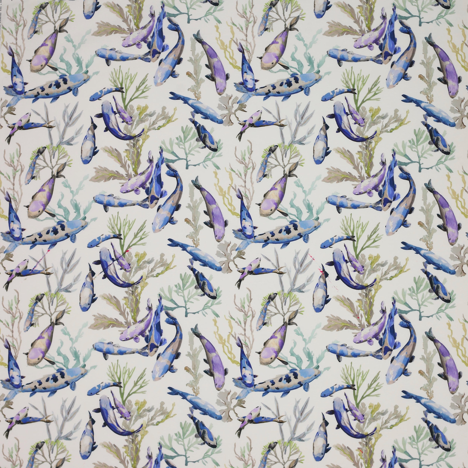 Painterly blue and lilac fish with coral motifs on a pale ground