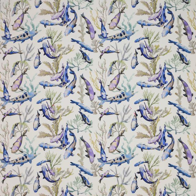 Painterly blue and lilac fish with coral motifs on a pale ground