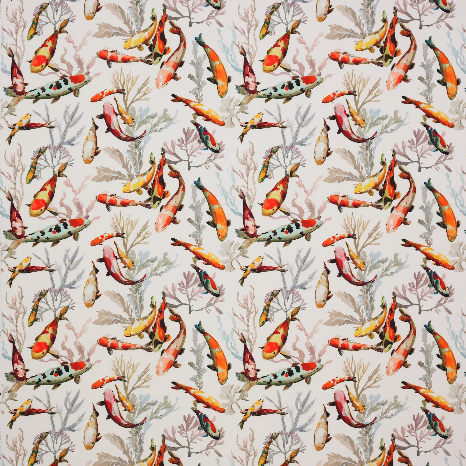Printed fish and seaweed motif on a warm ochre cream fabric ground