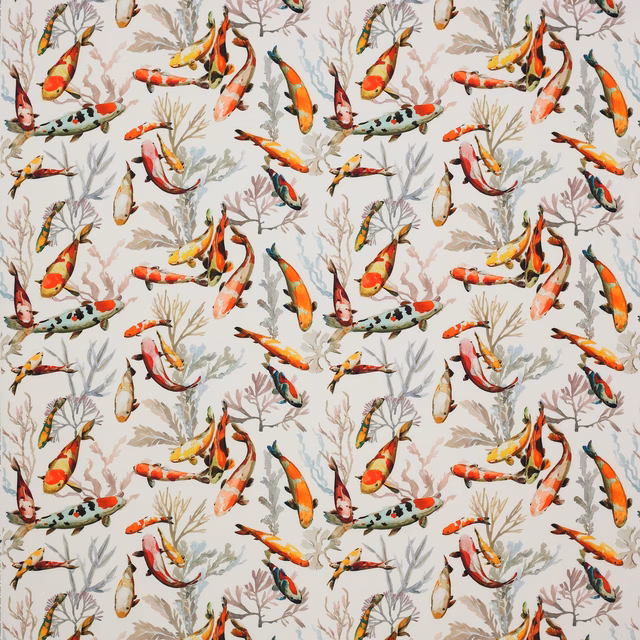Printed fish and seaweed motif on a warm ochre cream fabric ground