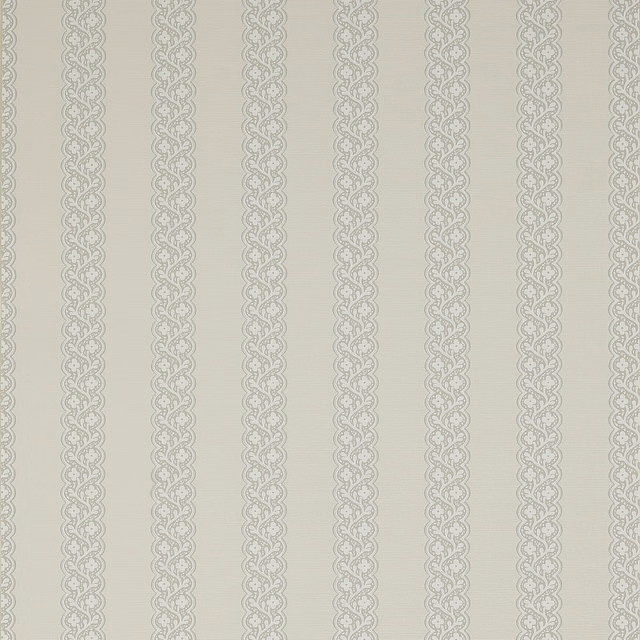 Pale silver-grey wallpaper with delicate interlaced vertical ornamental stripes