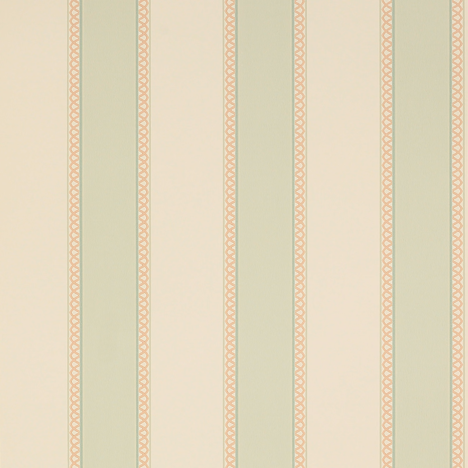 Pale aqua wallpaper with fine pink trellis stripes and cream vertical bands