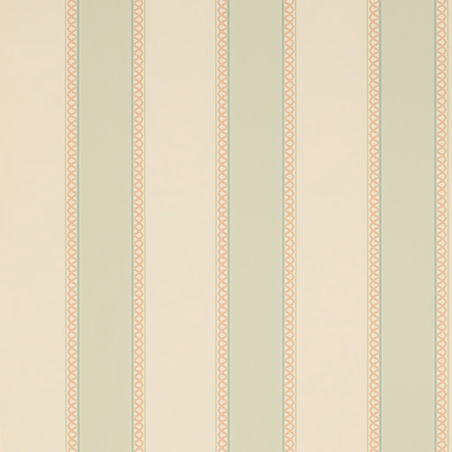 Pale aqua wallpaper with fine pink trellis stripes and cream vertical bands