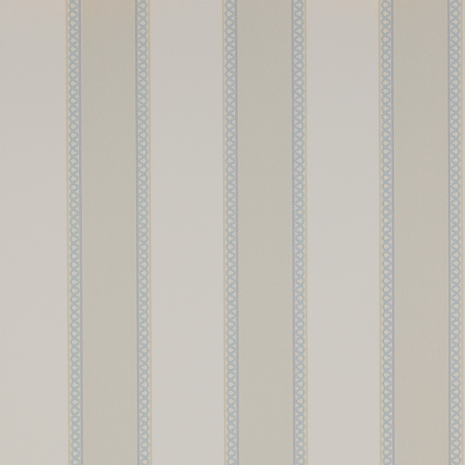 Pale blue-grey vertical stripes with delicate diamond lattice on an ivory ground