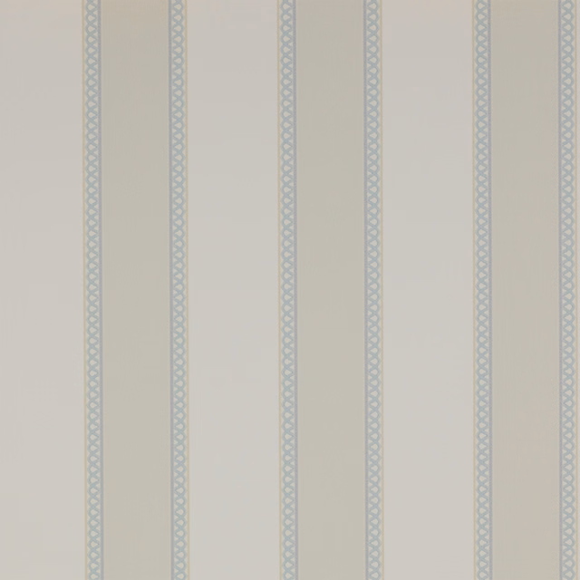 Pale blue-grey vertical stripes with delicate diamond lattice on an ivory ground