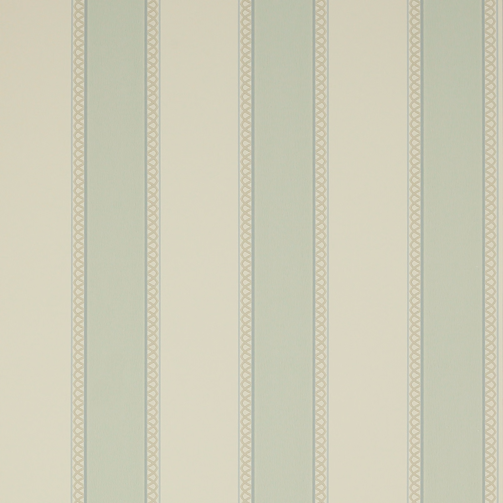 Pale old-blue striped wallpaper with narrow linked diamond bands and soft grey-beige detail