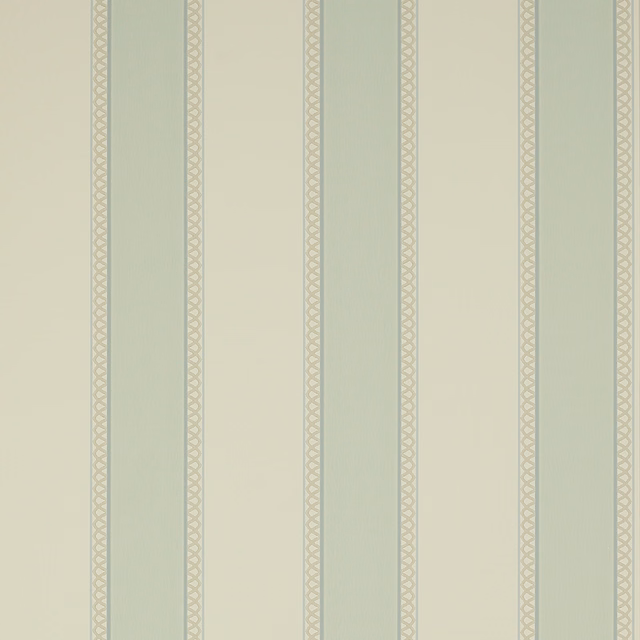 Pale old-blue striped wallpaper with narrow linked diamond bands and soft grey-beige detail