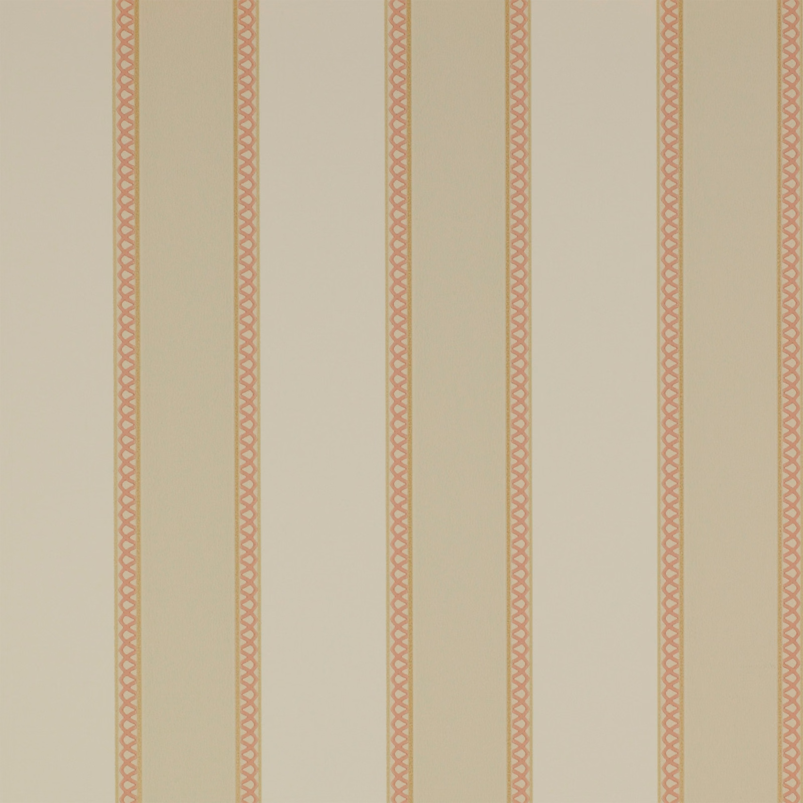 Warm beige wallpaper with slender dusty-red interlocking geometric vertical stripes