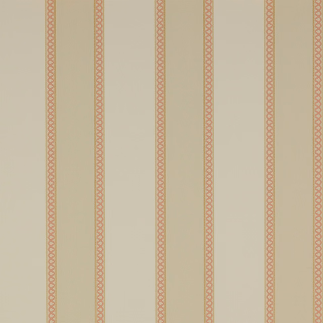 Warm beige wallpaper with slender dusty-red interlocking geometric vertical stripes