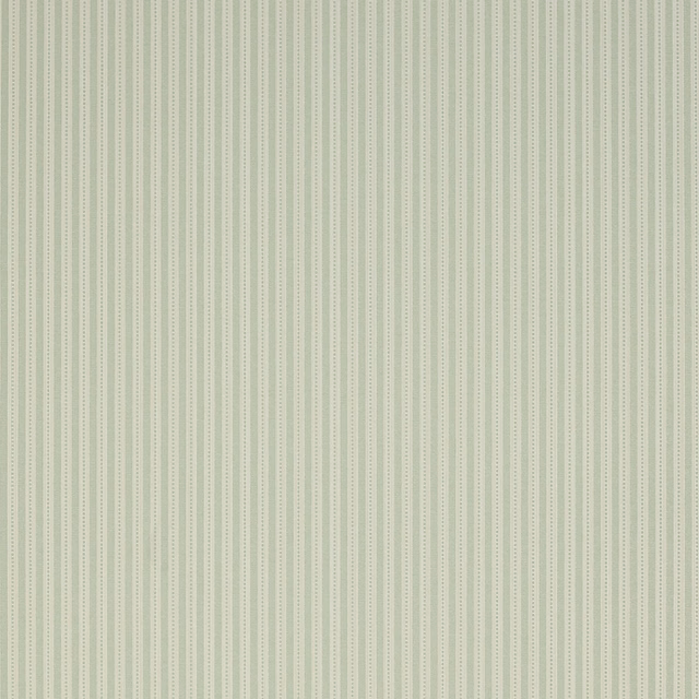 Muted aqua wallpaper with fine cream dotted vertical stripes and delicate sage detailing