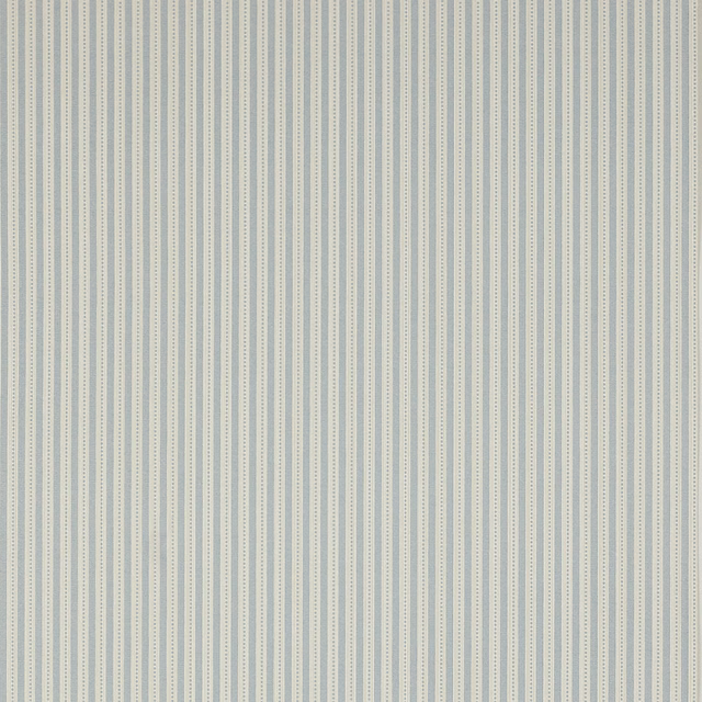 Pale blue-grey wallpaper with fine vertical navy and cream stripes