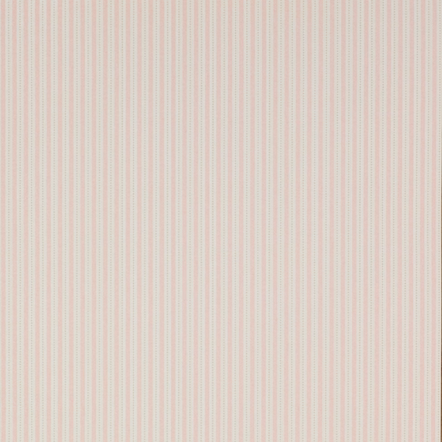 Soft blush pink wallpaper with fine cream and pale blue-grey vertical stripes