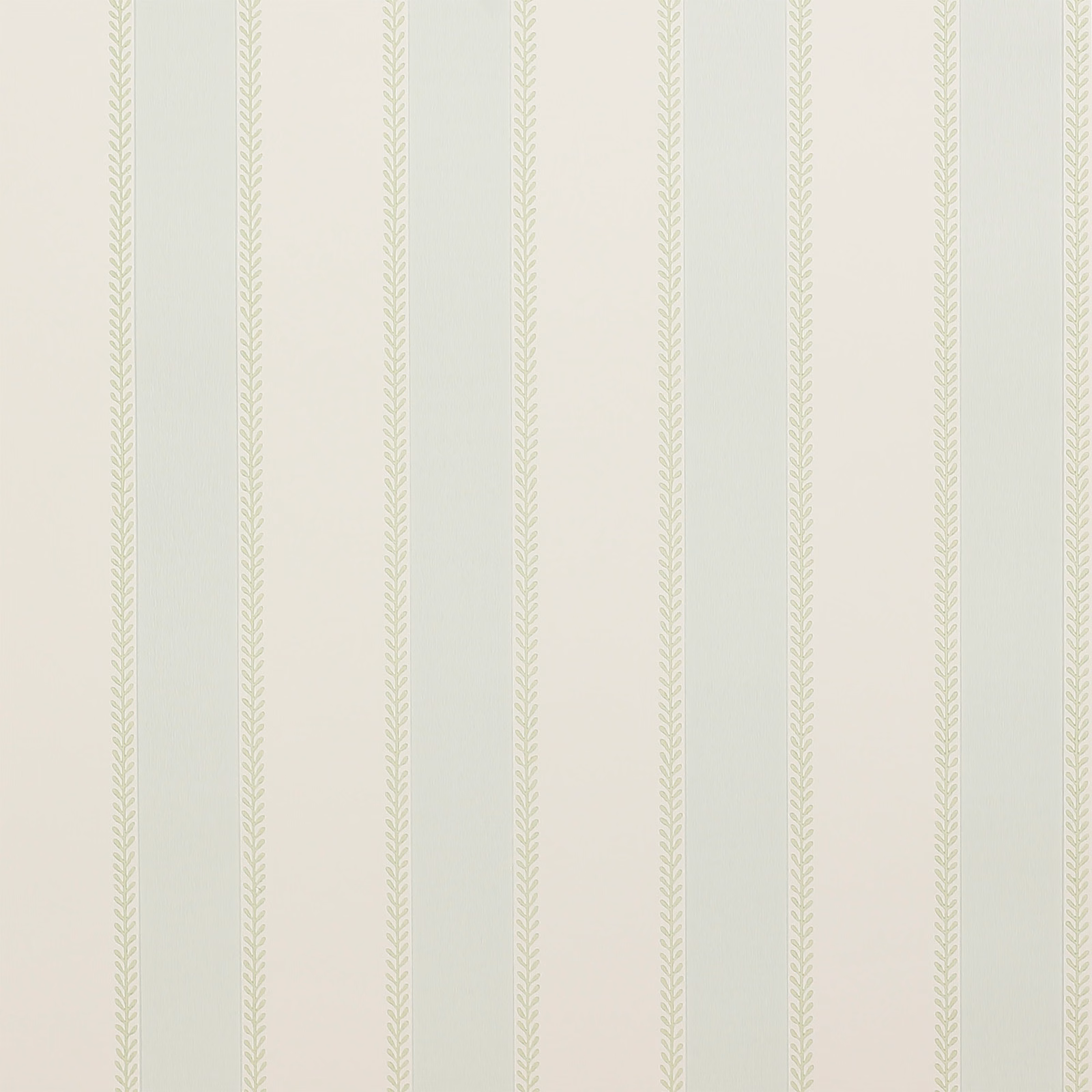 Ivory wallpaper with fine vertical aqua-green leafy stripes and delicate linear texture