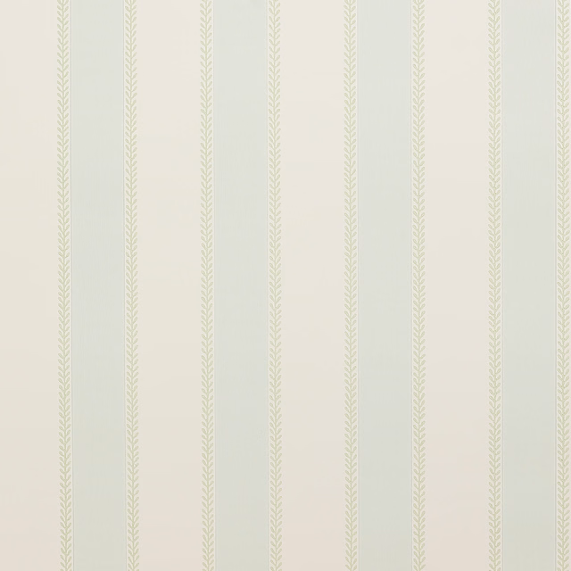 Ivory wallpaper with fine vertical aqua-green leafy stripes and delicate linear texture