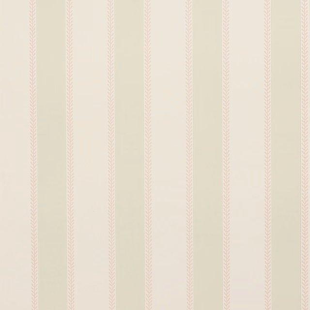 Ivory wallpaper with delicate blush pink and sage green vertical leaf stripes