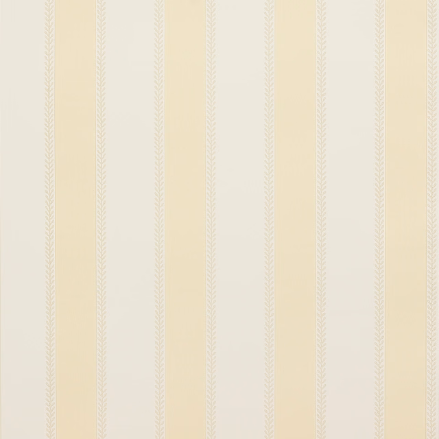 Pale ivory-yellow wallpaper with fine vertical stripes and tiny leafy chevrons