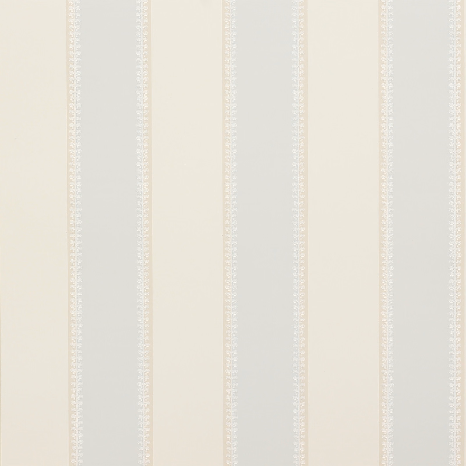 Pale old-blue wallpaper with ivory vertical stripes and delicate white edge motifs
